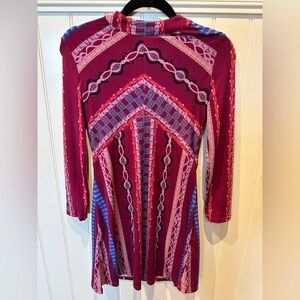 Ladies Size XS Burgandy Blue Patterned Dress Long Sleeves Mock Turtleneck